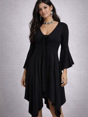 Earthbound Trading Co Stevie Knicks Inspires Bohemian Mini Dress w/ Bell Sleeves